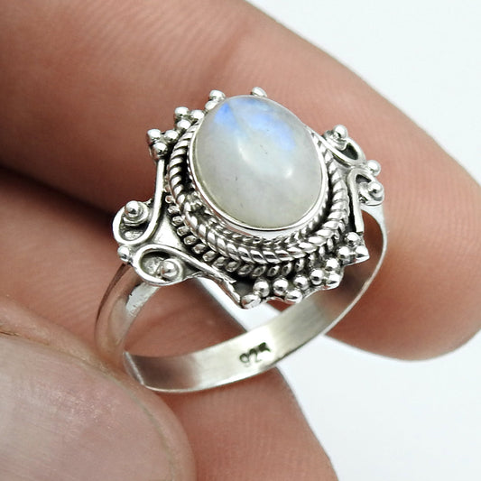 Oval Natural Rainbow Moonstone Sterling Silver Bezel Wife New Band Ring