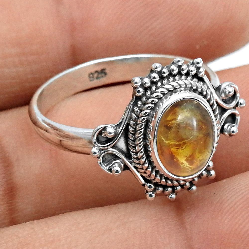 Sterling Silver Amber Gemstone Bezel Statement Trendy Sacral Chakra Ring