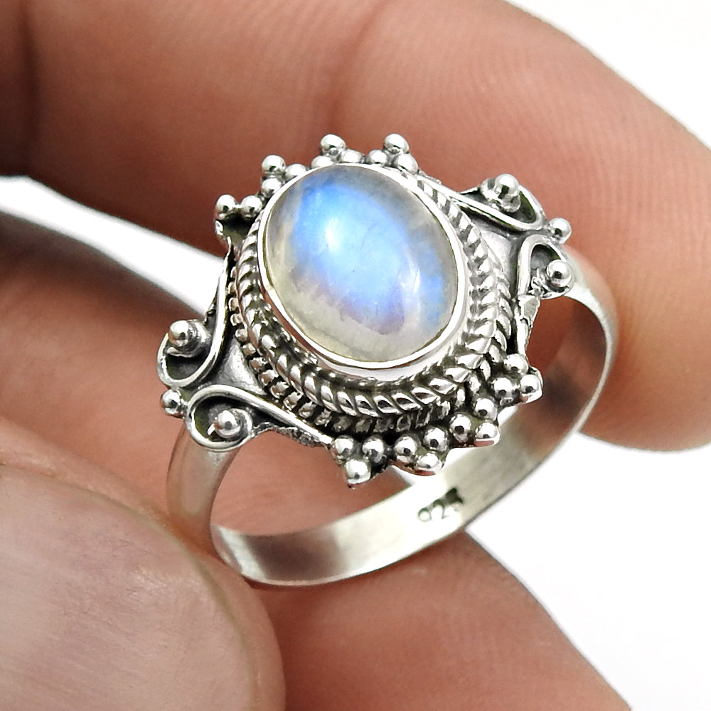 Natural Rainbow Moonstone Birthday Statement Elegant Ring Sterling Silver