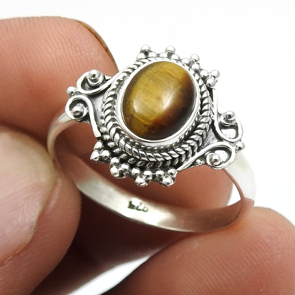 Oval Natural Tiger Eye Sterling Silver Band Bezel Mother Handmade Ring