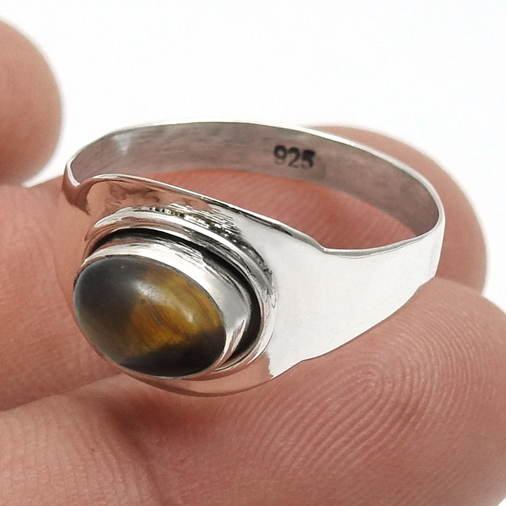 Sacral Chakra Natural Tiger Eye Sterling Silver Promise Band Sister Ring