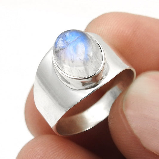 Natural Rainbow Moonstone 925 Silver Cocktail Crown Chakra Bezel Ring Jewelry