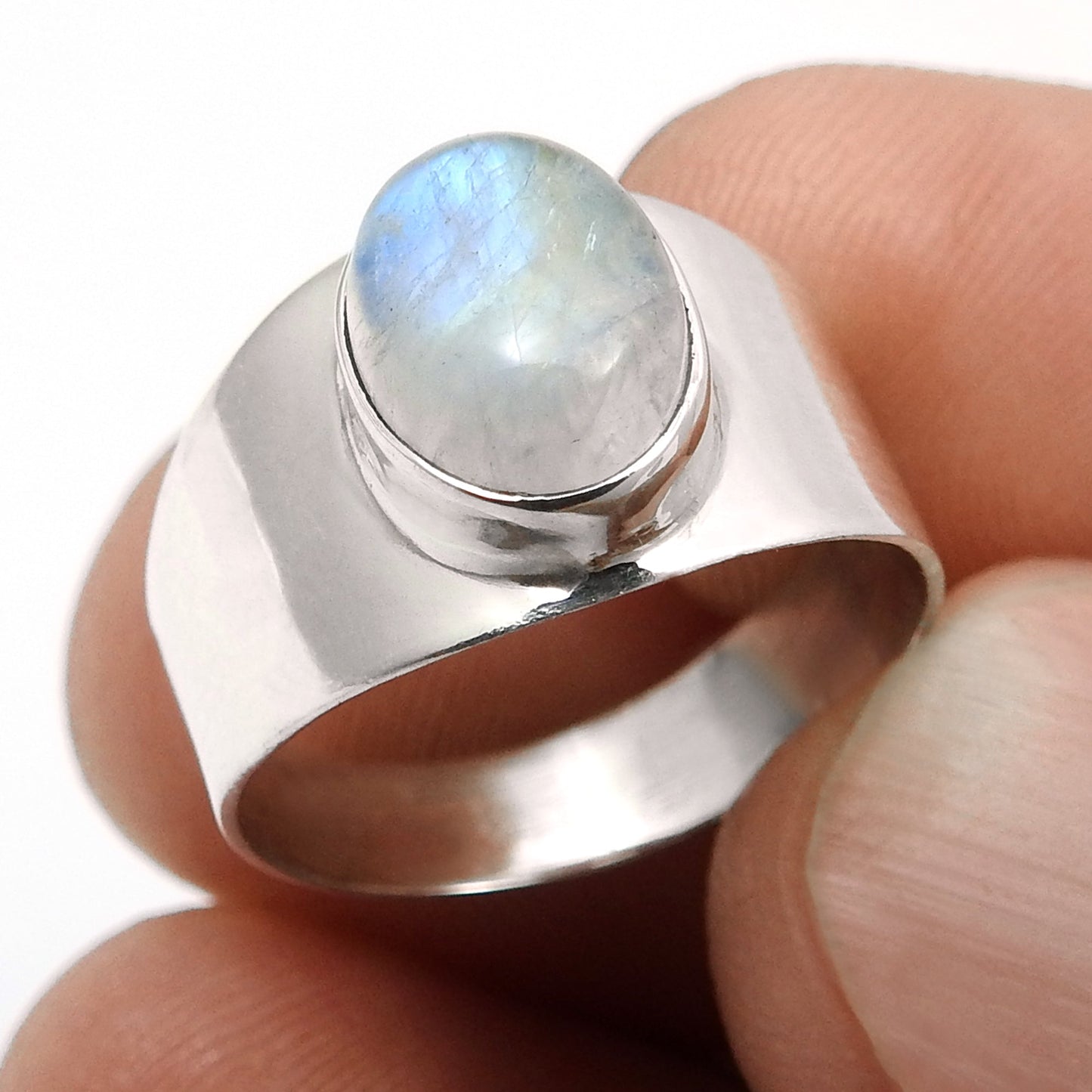 Natural Rainbow Moonstone 925 Silver Cocktail Crown Chakra Bezel Ring Jewelry