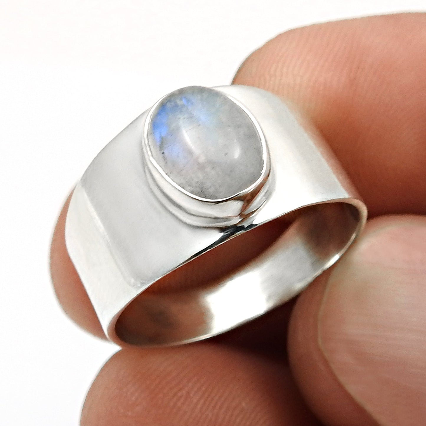 Natural Rainbow Moonstone 925 Silver Cocktail Crown Chakra Bezel Ring Jewelry