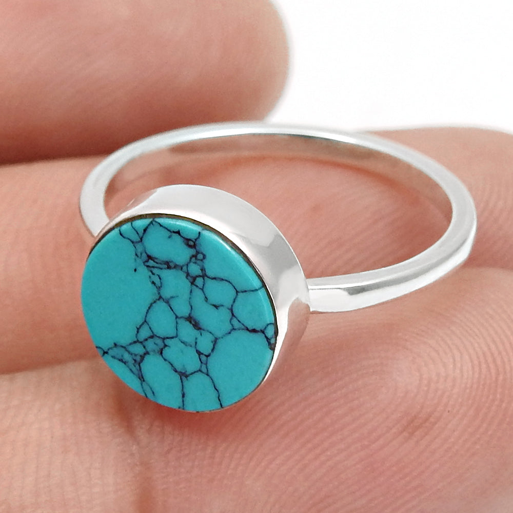 Solid 925 Sterling Silver Round Shape Natural Turquoise Gemstone Charming Ring