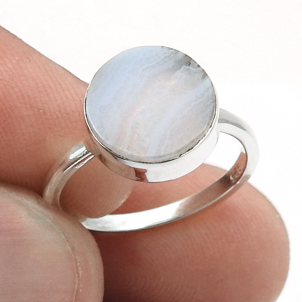 Round Natural Blue Lace Agate Sterling Silver Mother Unique Cocktail Ring