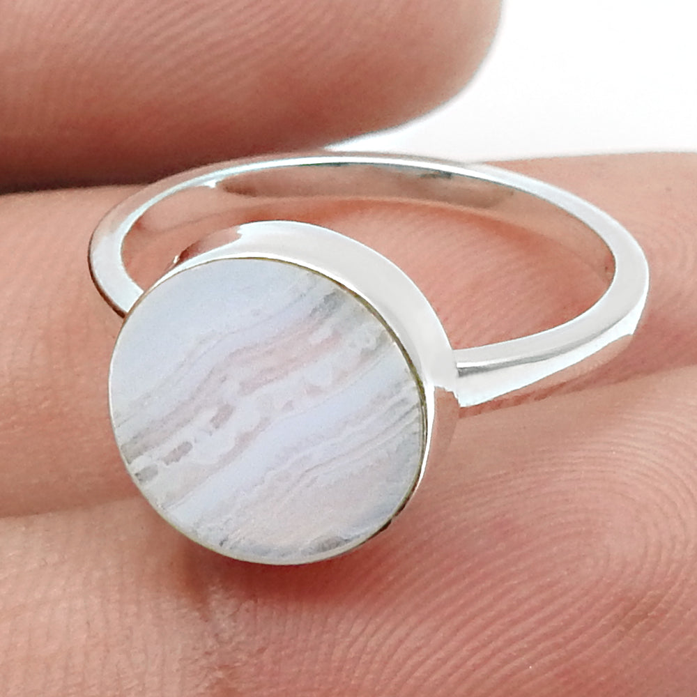 Round Natural Blue Lace Agate Sterling Silver Mother Unique Cocktail Ring