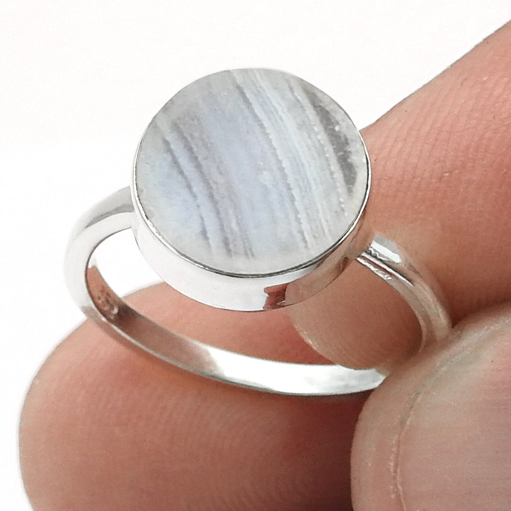 Round Natural Blue Lace Agate Sterling Silver Mother Unique Cocktail Ring