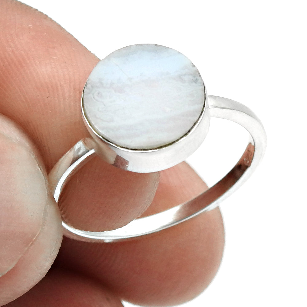 Round Natural Blue Lace Agate Sterling Silver Mother Unique Cocktail Ring