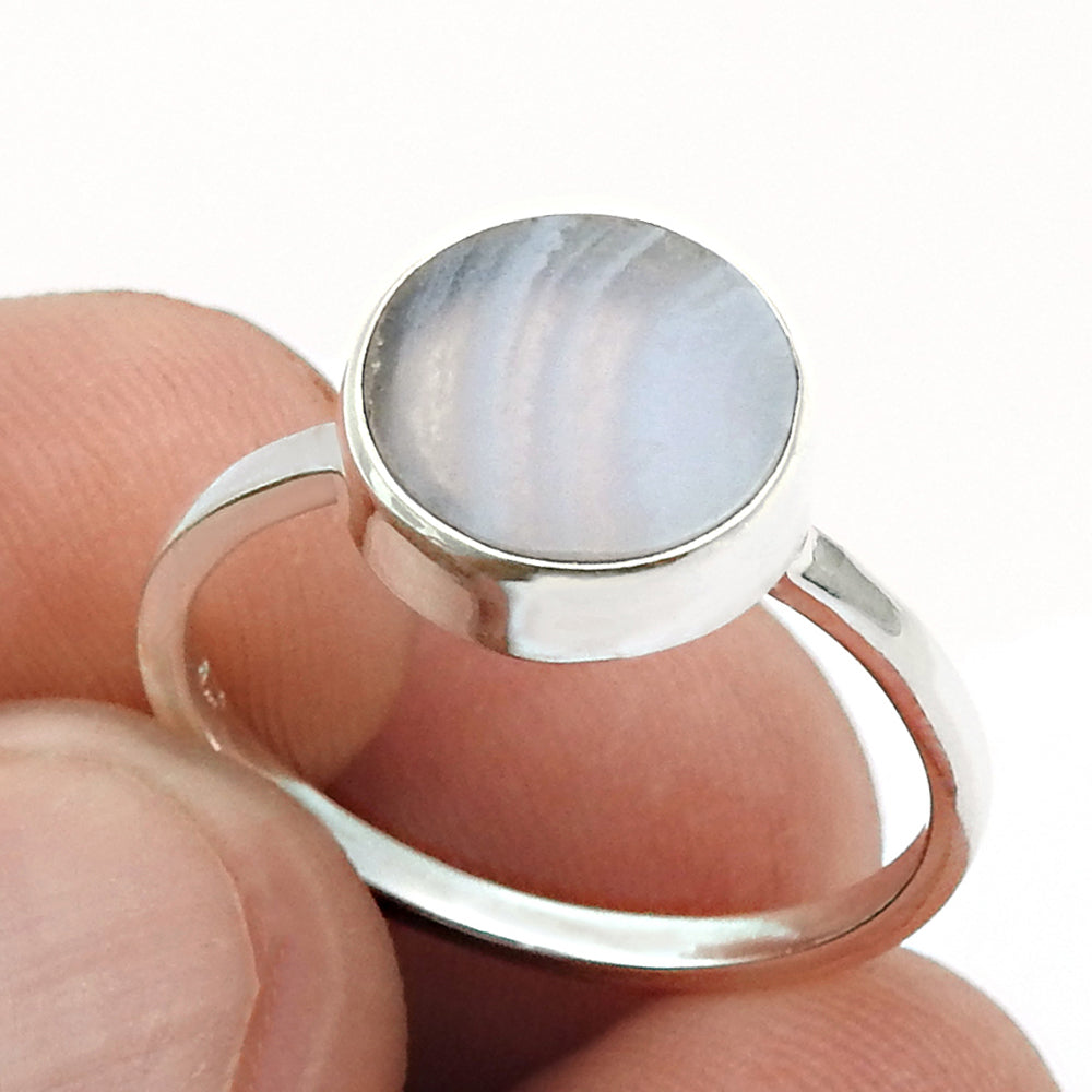 Round Natural Blue Lace Agate Sterling Silver Mother Unique Cocktail Ring