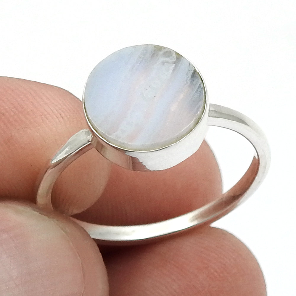 Round Natural Blue Lace Agate Sterling Silver Mother Unique Cocktail Ring