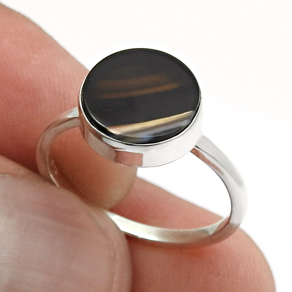 Sterling Silver Striped Onyx Gemstone Statement Bezel Birthday Wife Ring