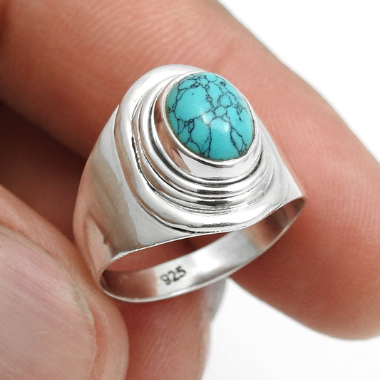 Throat Chakra Natural Turquoise Solid Silver Cocktail Bezel Ring Jewelry