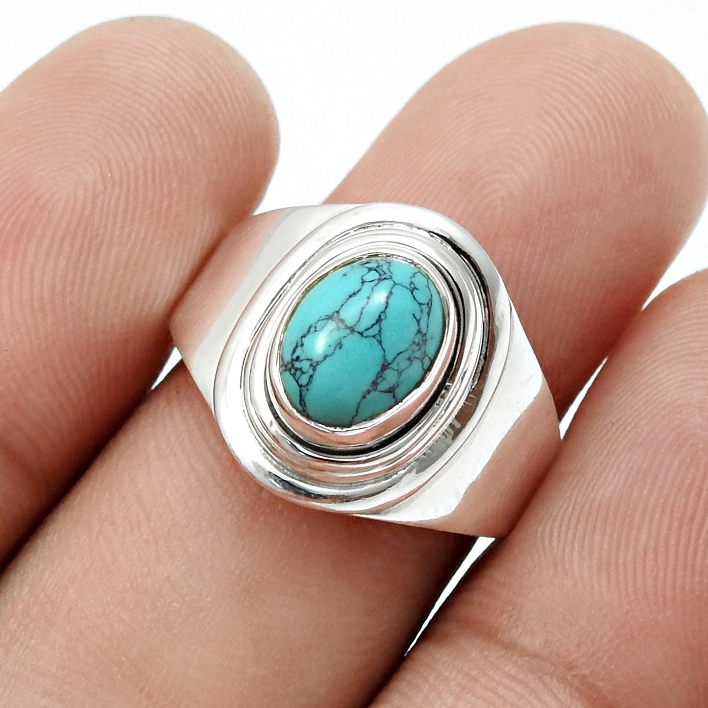 Throat Chakra Natural Turquoise Solid Silver Cocktail Bezel Ring Jewelry