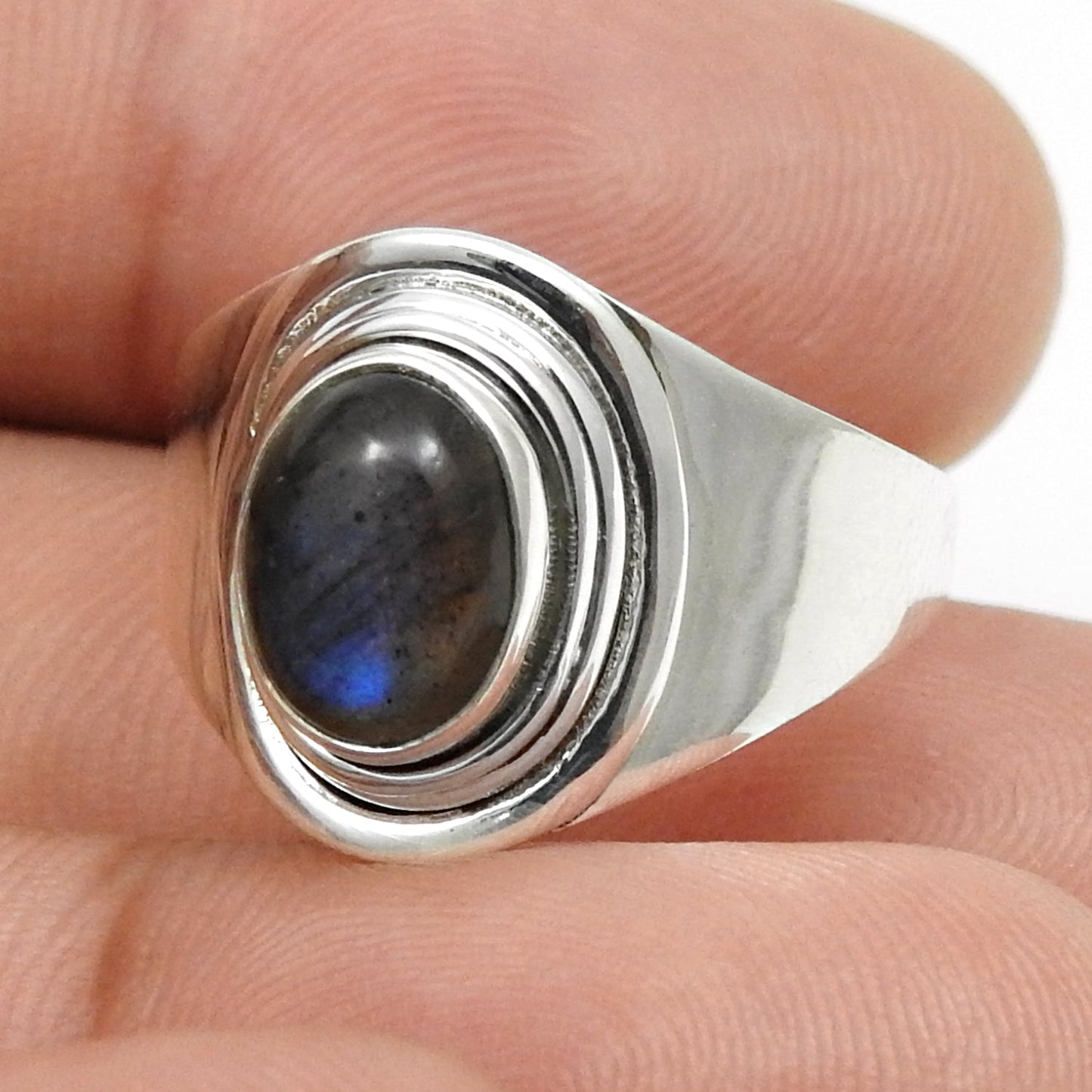 Oval Natural Labradorite Birthday Band Ring Jewelry Solid Sterling Silver