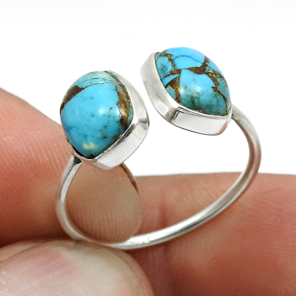 Blue Copper Turquoise Gemstone 925 Solid Silver Bezel Band Boho Ring