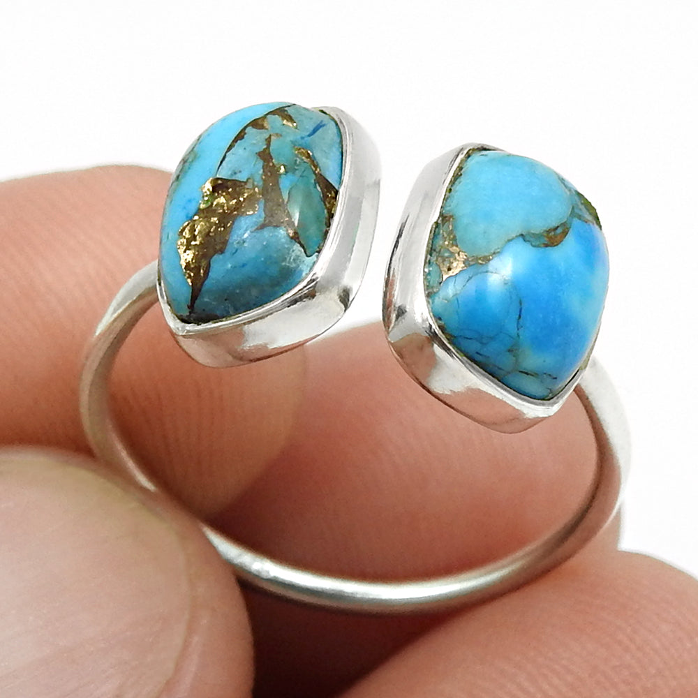 Blue Copper Turquoise Gemstone 925 Solid Silver Bezel Band Boho Ring