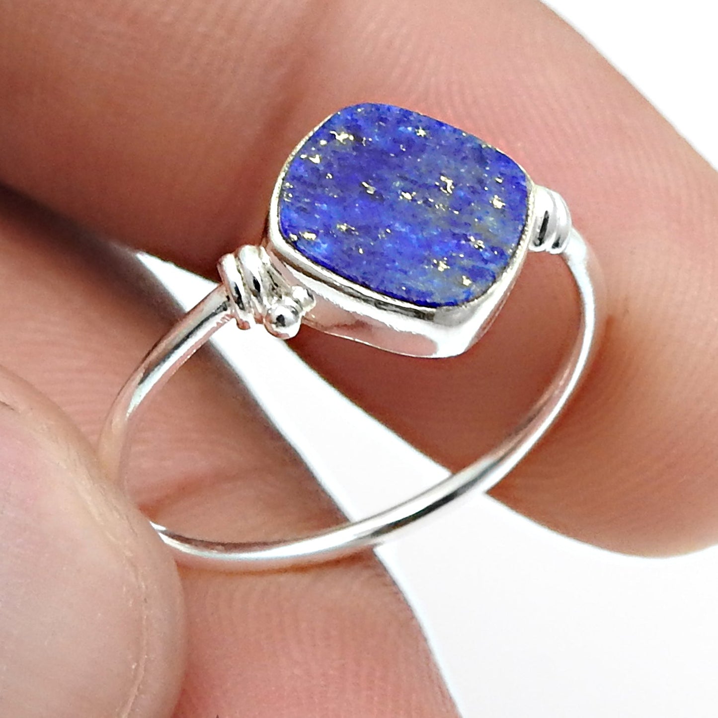 Square Natural Lapis Lazuli Boho Band Bezel Birthday Ring Solid Silver