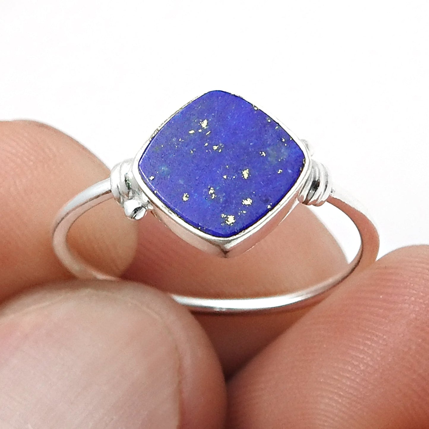 Square Natural Lapis Lazuli Boho Band Bezel Birthday Ring Solid Silver