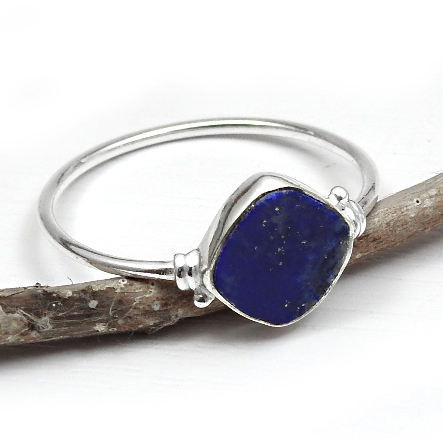 Square Natural Lapis Lazuli Boho Band Bezel Birthday Ring Solid Silver