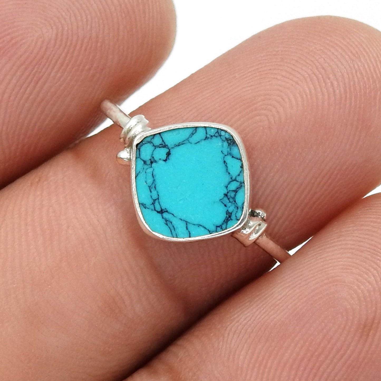 Natural Turquoise Statement Birthday Art Deco Band Ring Solid Silver