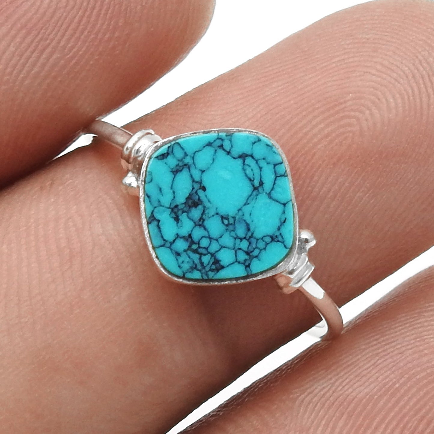 Natural Turquoise Statement Birthday Art Deco Band Ring Solid Silver