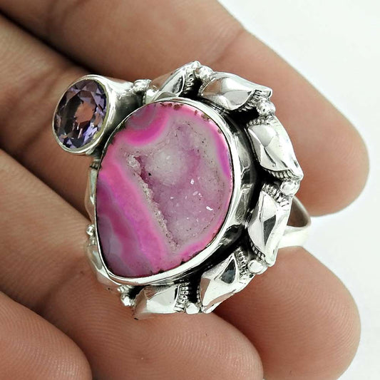Natural Druzy Gemstone Statement Vintage Pink Ring Size 8 925 Sterling Silver R4