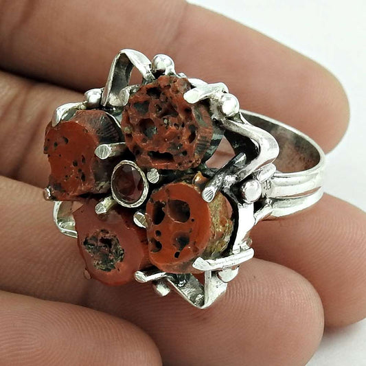 Mothers Day Gift Natural Coral Gemstone 925 Silver Statement Boho Ring Size 9 A18