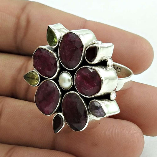 Natural Ruby Gemstone Solitaire Bohemian Ring Size 7.5 925 Sterling Silver Q3
