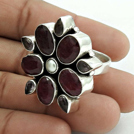 Birthday Gift For Her Natural Ruby Cocktail Boho Ring Size 8.5 925 Silver A7