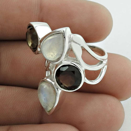 Mothers Day Gift Natural Rainbow Moonstone Cocktail Ring Size 6.5 925 Silver E18