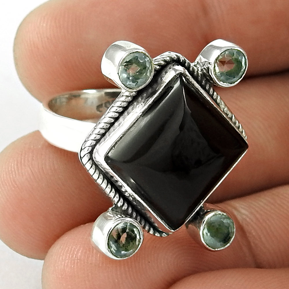 Sterling Silver Fashion Jewelry Beautiful Black Onyx, Blue Topaz Gemstone Ring