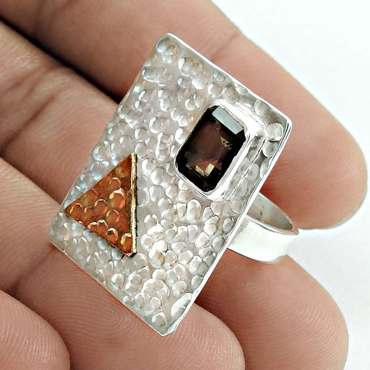 Mothers Day Gift 925 Silver Natural Smoky Quartz Statement Boho Ring Size 6 J14