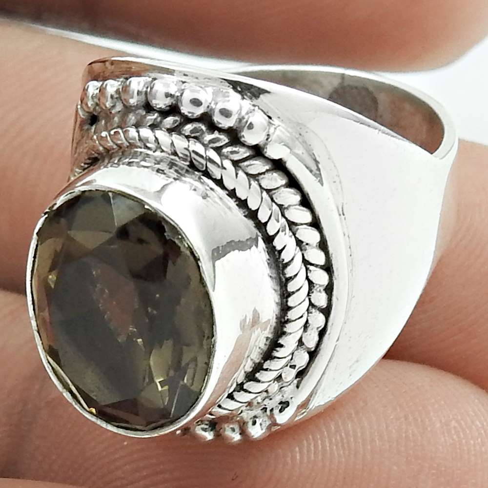 Mothers Day Gift 925 Silver Natural Smoky Quartz Solitaire Boho Ring Size 6 V15