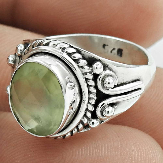 Gift For Women Statement Bohemian Ring Size 6.5 925 Silver Natural Prehnite V10