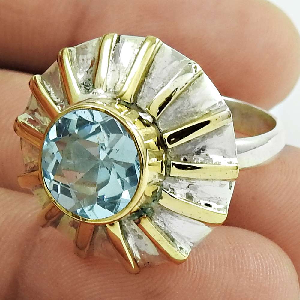 Mothers Day Gift 925 Silver Natural Blue Topaz Statement Boho Ring Size 9 F24