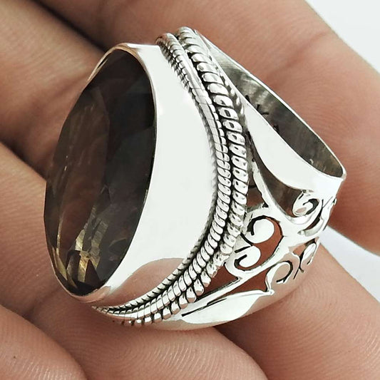 Natural Smoky Quartz Gemstone Statement Ring Size 4 925 Silver For Women A15