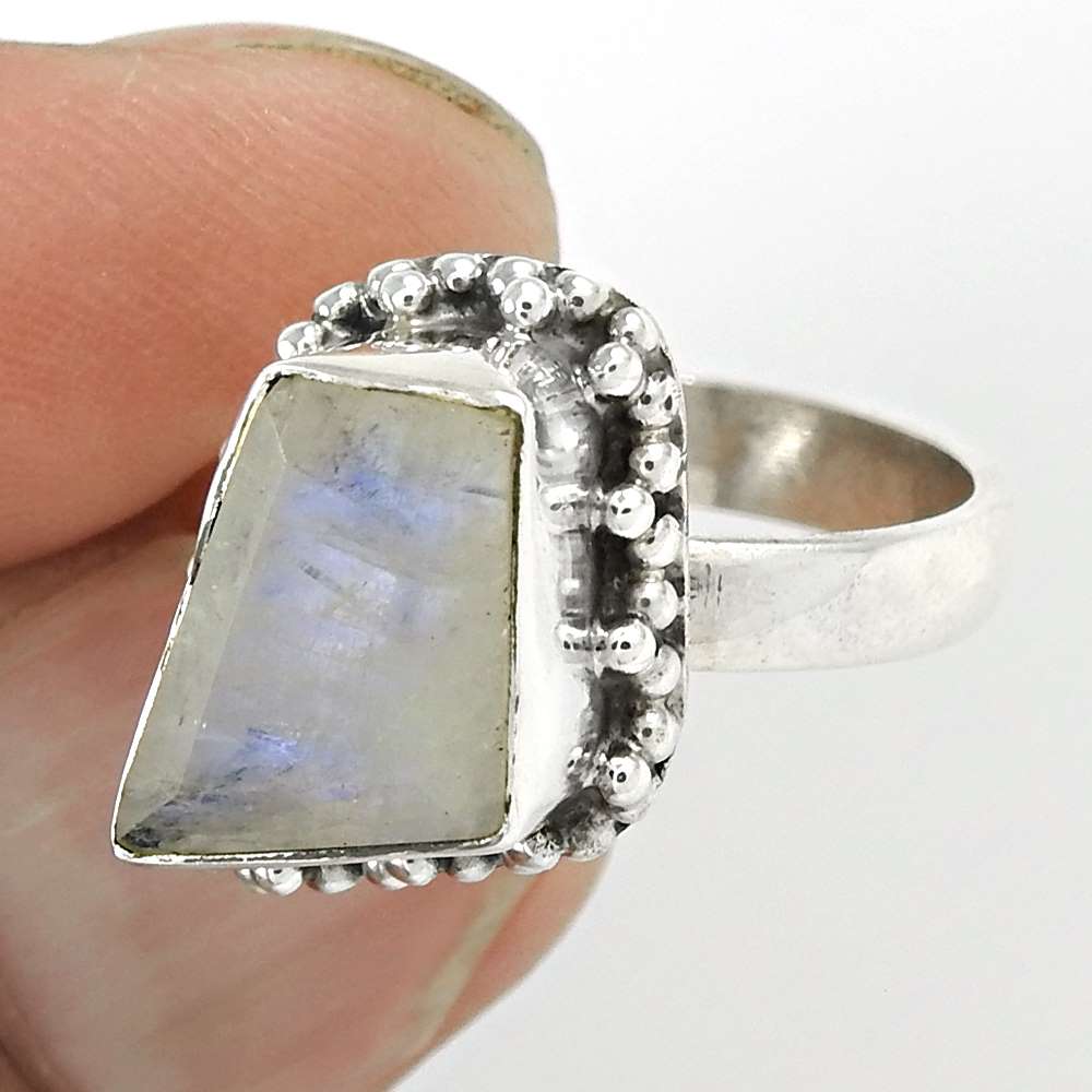 Gift For Her Natural Rainbow Moonstone Cocktail Boho Ring Size 7 925 Silver T16