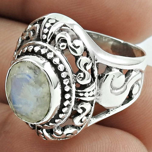 Natural Rainbow Moonstone 925 Silver Cocktail Bohemian Ring Size 7 For Girls J15