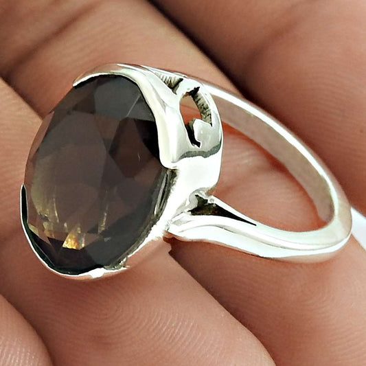 Natural Smoky Quartz 925 Silver Solitaire Boho Ring Size 7 For Women K37