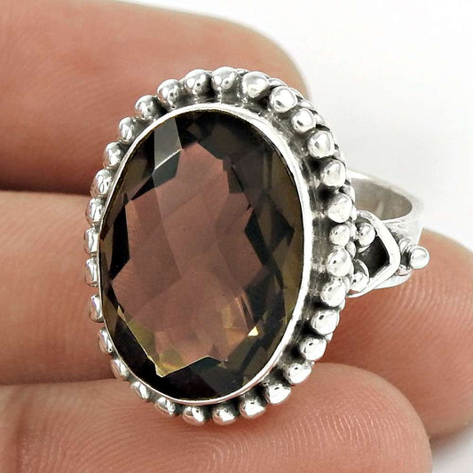 Natural Smoky Quartz Gemstone Solitaire Ring Size 7 925 Sterling Silver E41