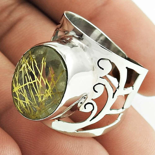 Mothers Day Gift Natural Golden Rutile Cocktail Ring Size 9.5 925 Silver K42