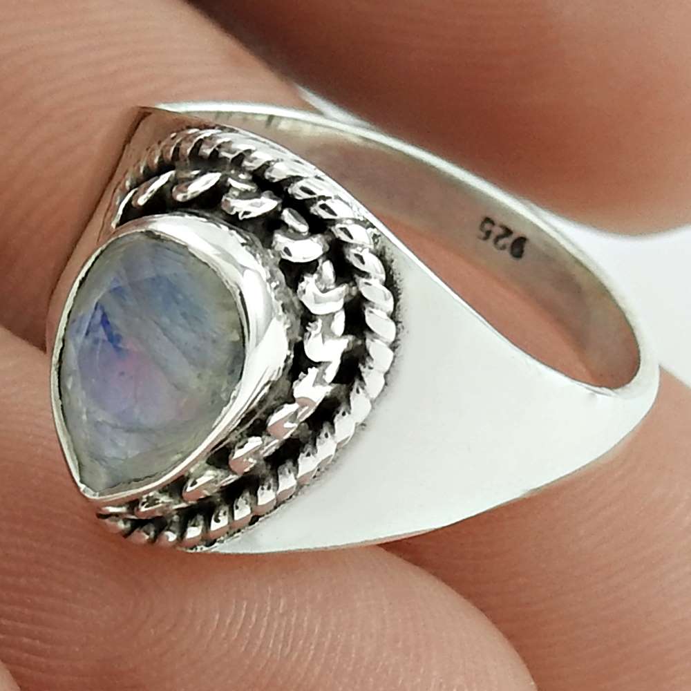 Cocktail Mothers Day Gift Ring Size 7 925 Silver Natural Rainbow Moonstone C17