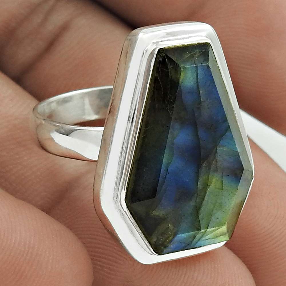 Mothers Day Gift 925 Silver Natural Labradorite Solitaire Coffin Ring Size 8.5 P17