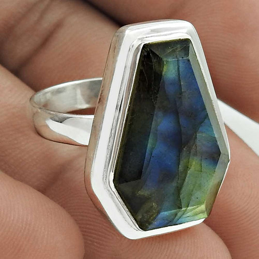 Mothers Day Gift 925 Silver Natural Labradorite Solitaire Coffin Ring Size 8.5 P17
