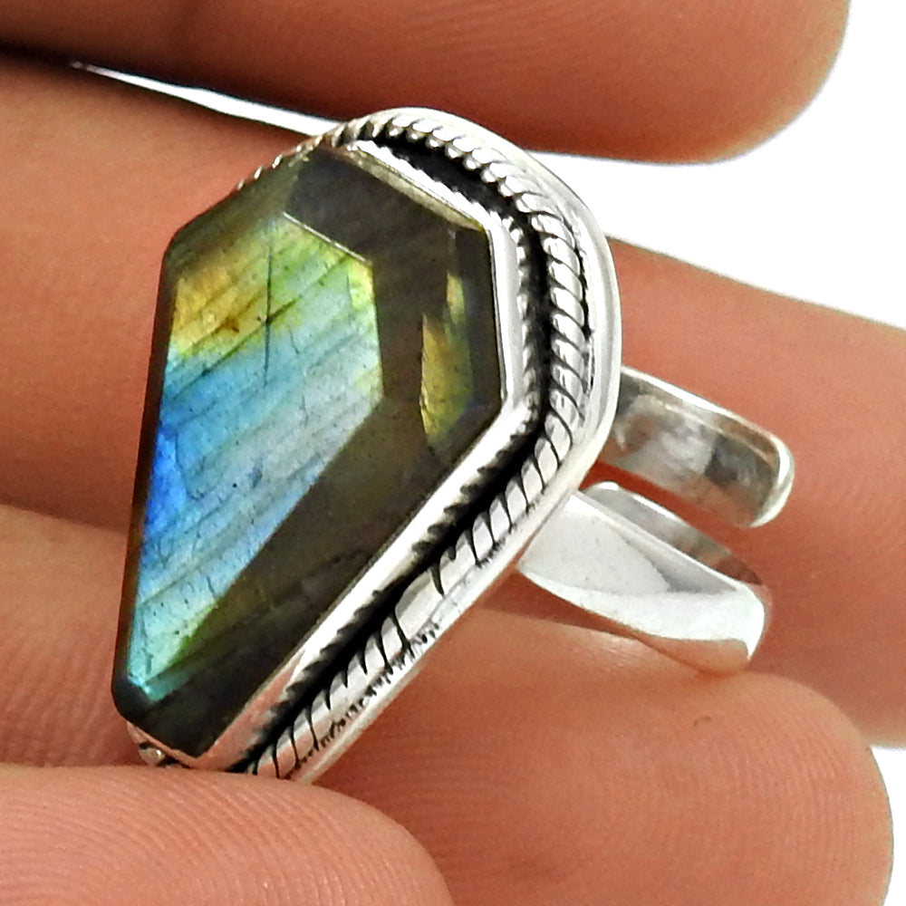 101 Gift for woman natural labradorite solitaire coffin ring 925 silver v24
