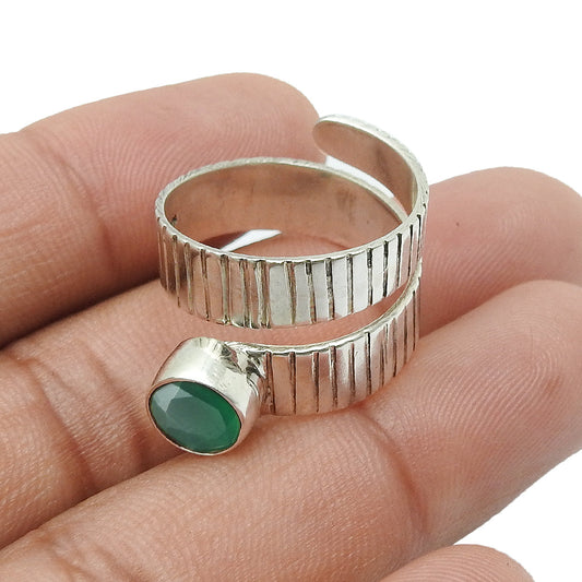 Sterling Silver Round Green Onyx Gemstone Trendy Bezel Promise Band Ring