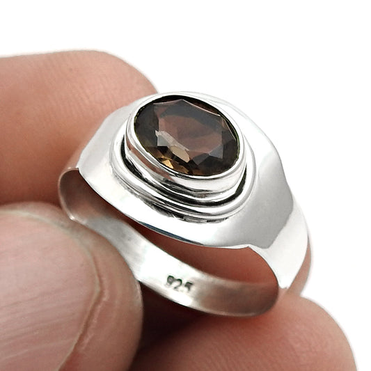 Oval Smoky Quartz Gemstone Elegant Bezel Band Promise Ring Sterling Silver