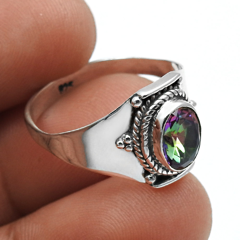 Natural Mystic Topaz Bezel Statement Promise Wife Band Ring Sterling Silver