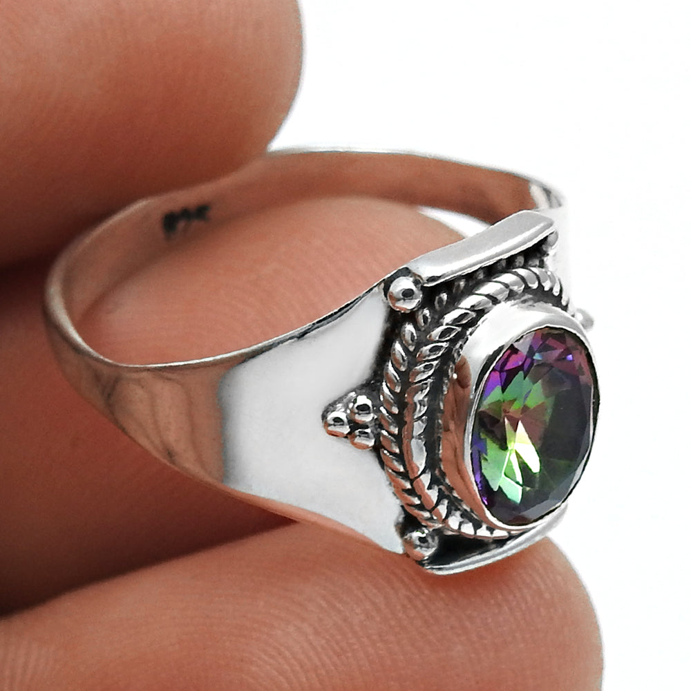 Natural Mystic Topaz Bezel Statement Promise Wife Band Ring Sterling Silver